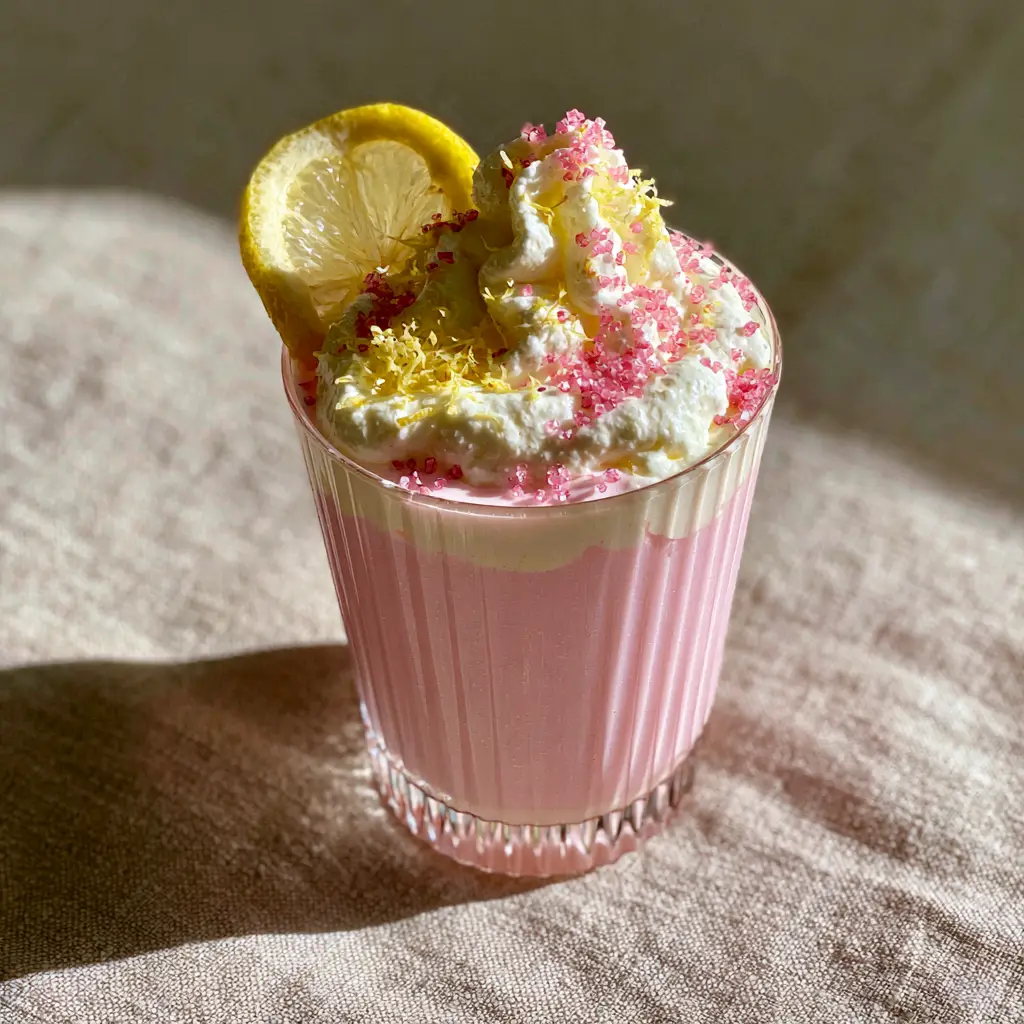 Whipped Pink Lemonade: The Ultimate Viral Summer Drink Recipe 1 Overhead view of Whipped Pink Lemonade showing lemon zest and pink sugar crystals on top of whipped cream.