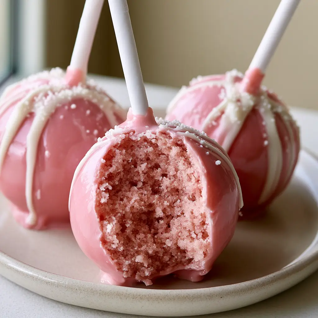 how to make cake pops: The Ultimate Glossy Pink Starbucks-Style Recipe 1 Close up of pink candy coated cake pops with white chocolate drizzle and tiny sugar sprinkles on a beige background.