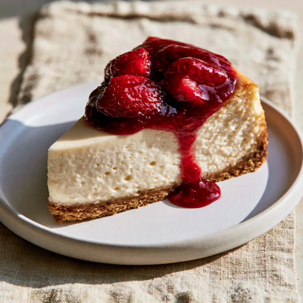 New York Cheesecake Recipe with Glossy Strawberry Compote 1 Eye-level view of a New York cheesecake slice with glossy strawberry syrup and cooked fruit chunks.