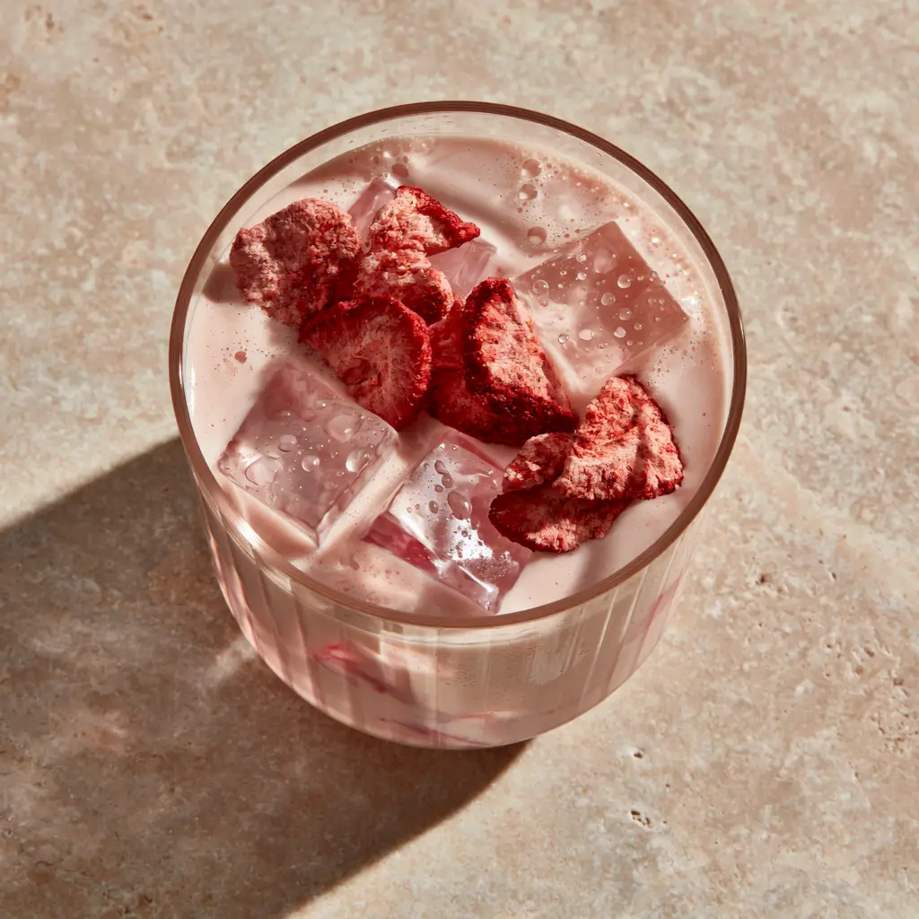 High-angle view of a creamy pastel Starbucks Pink Drink with floating strawberries and clear square ice.