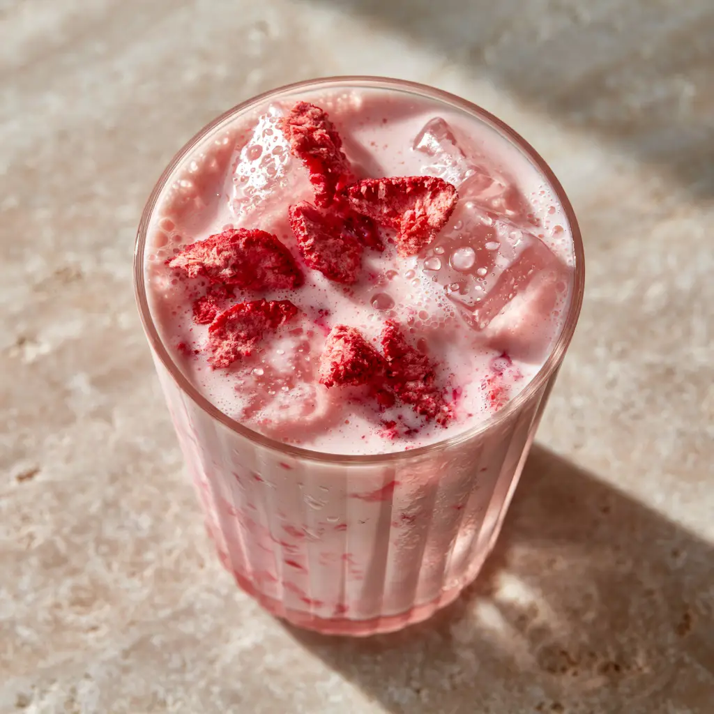 Starbucks Pink Drink Copycat: The Ultimate Creamy Strawberry Refresher 1 A modern ribbed glass filled with a Starbucks Pink Drink showing light condensation and vibrant strawberry slices.