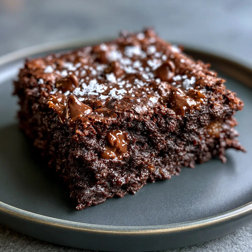 Banana Brownies with Fudgy Chocolate and Peanut Butter Swirl 2 Close up of a single dense and gooey banana brownie square on a charcoal plate showing the crinkly top and sea salt.