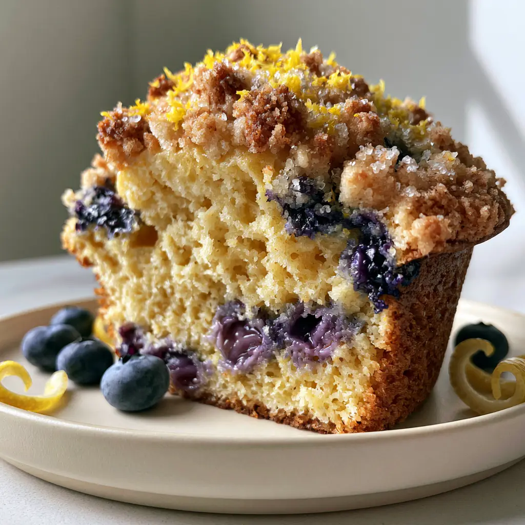 Smartphone photo of a Lemon Berry Muffin sliced in half showing the moist golden crumb and juicy purple blueberries.