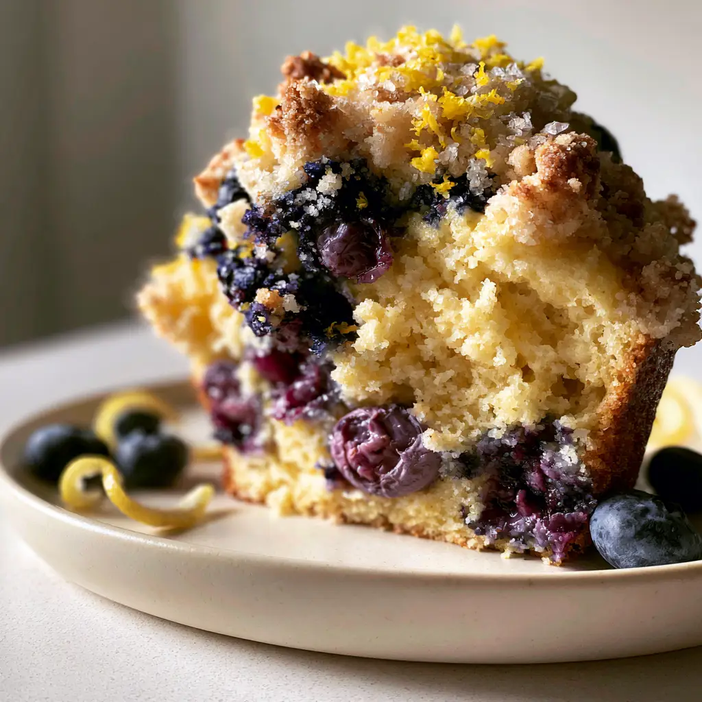 Close up of crispy butter streusel and fresh lemon zest on top of a bakery-style muffin.