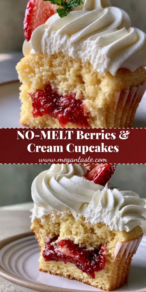 Berries and Cream Cupcakes with Strawberry Filling 3 A tall Berries and Cream Cupcake topped with a swirl of stabilized whipped cream and a mint leaf.