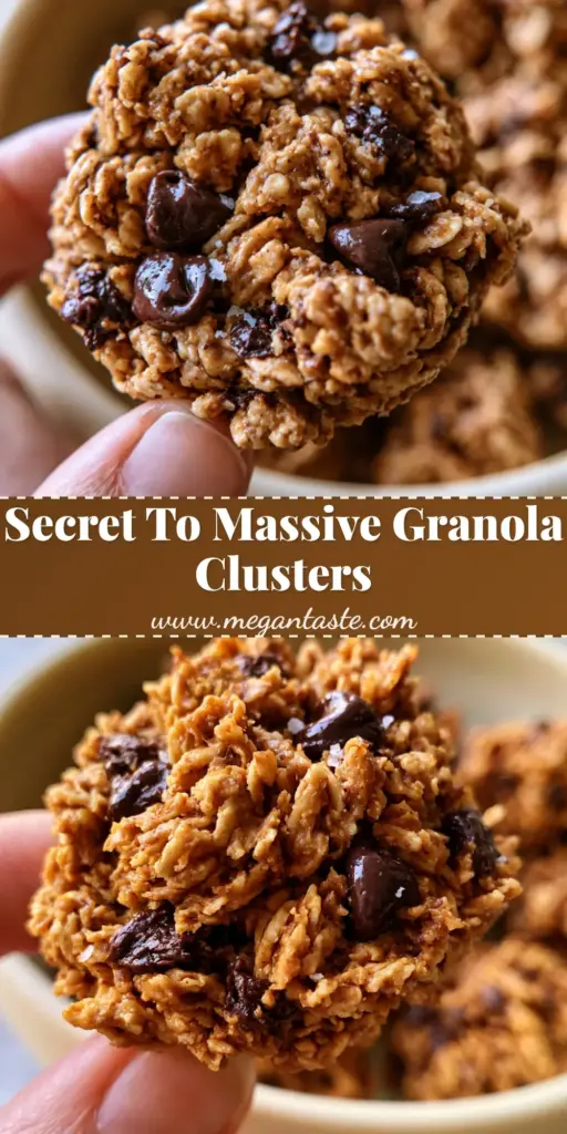A giant, rustic cluster of cookie dough granola held between two fingers, showing toasted oats and dark chocolate.