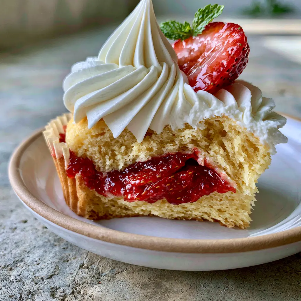 Berries and Cream Cupcakes with Strawberry Filling 2 A sliced open Berries and Cream Cupcake showing the jammy leak-proof strawberry filling inside a golden vanilla cake crumb.