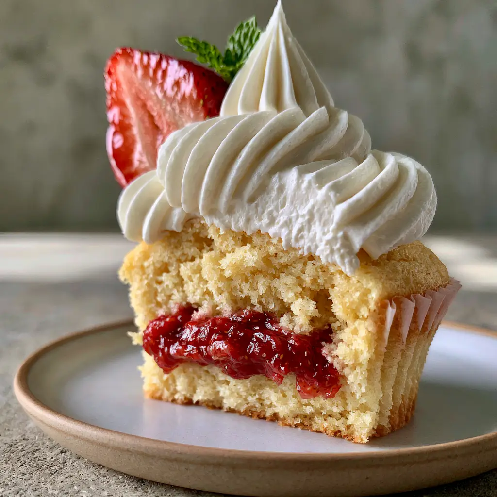 Berries and Cream Cupcakes with Strawberry Filling 1 Handheld photo of a vanilla cupcake with stiff peaks of whipped cream and a fresh mint garnish.
