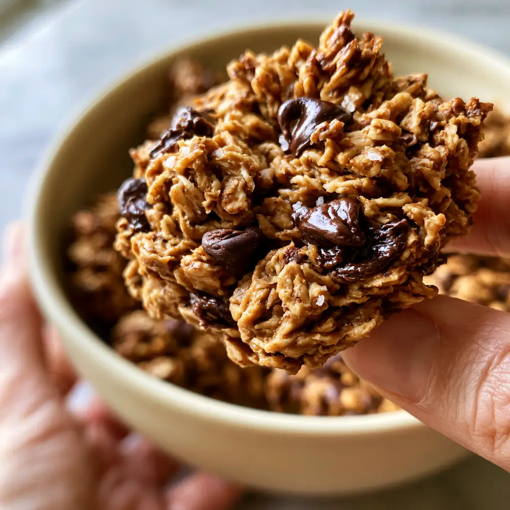 Close-up of golden brown cookie dough granola with glossy dark chocolate chips in a ceramic bowl.