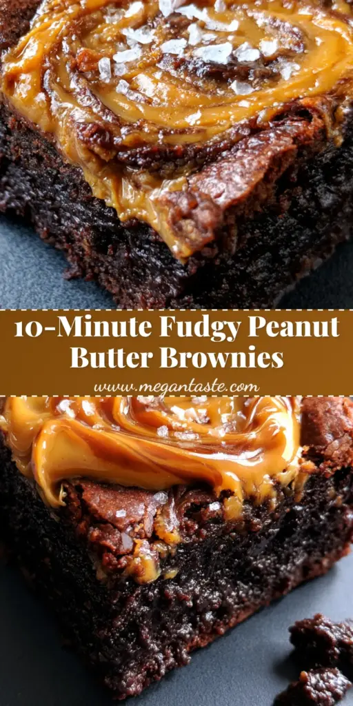A close-up overhead shot of a thick, ultra-fudgy chocolate brownie with a golden-brown peanut butter swirl and Maldon sea salt. (peanut butter brownies)