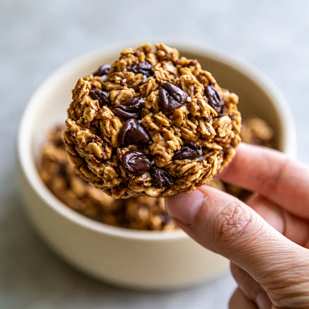 A hand holding a massive oat cluster over a bowl of cookie dough granola.