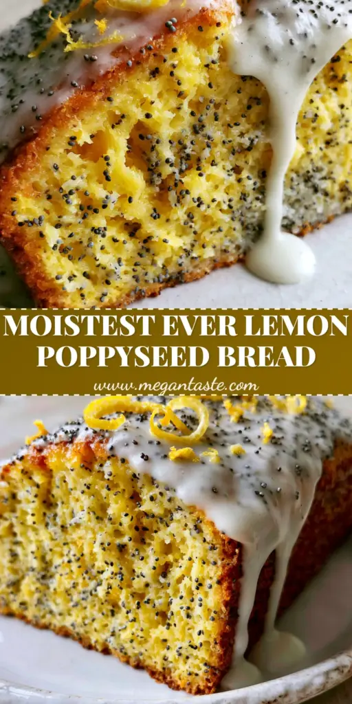A thick slice of lemon poppy seed bread with a bright yellow crumb and heavy white glaze drips on a white plate. (lemon poppy seed bread)