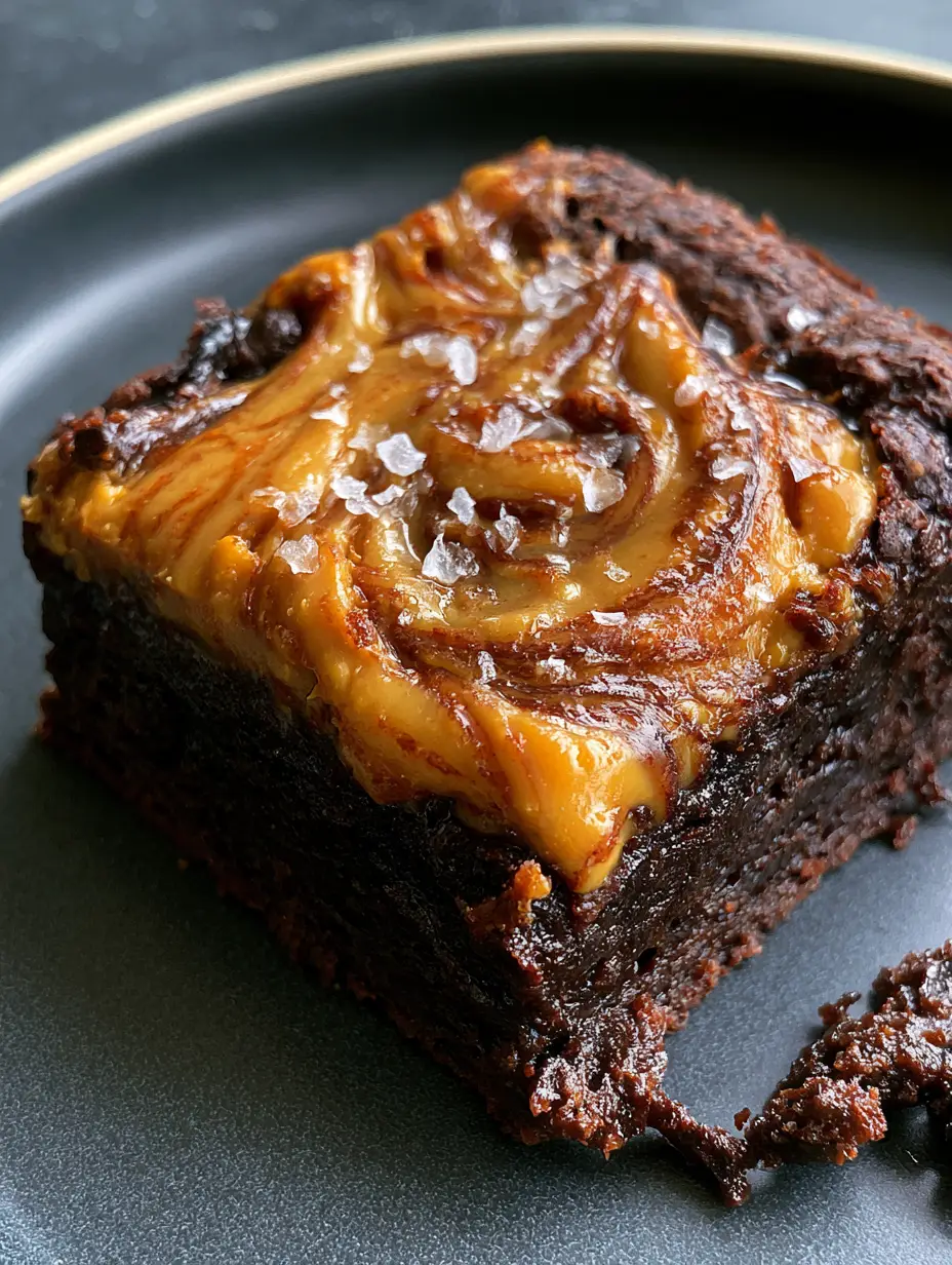 Extreme close-up of a dense gooey chocolate brownie square featuring a glossy peanut butter swirl and sparkling salt flakes. (peanut butter brownies)