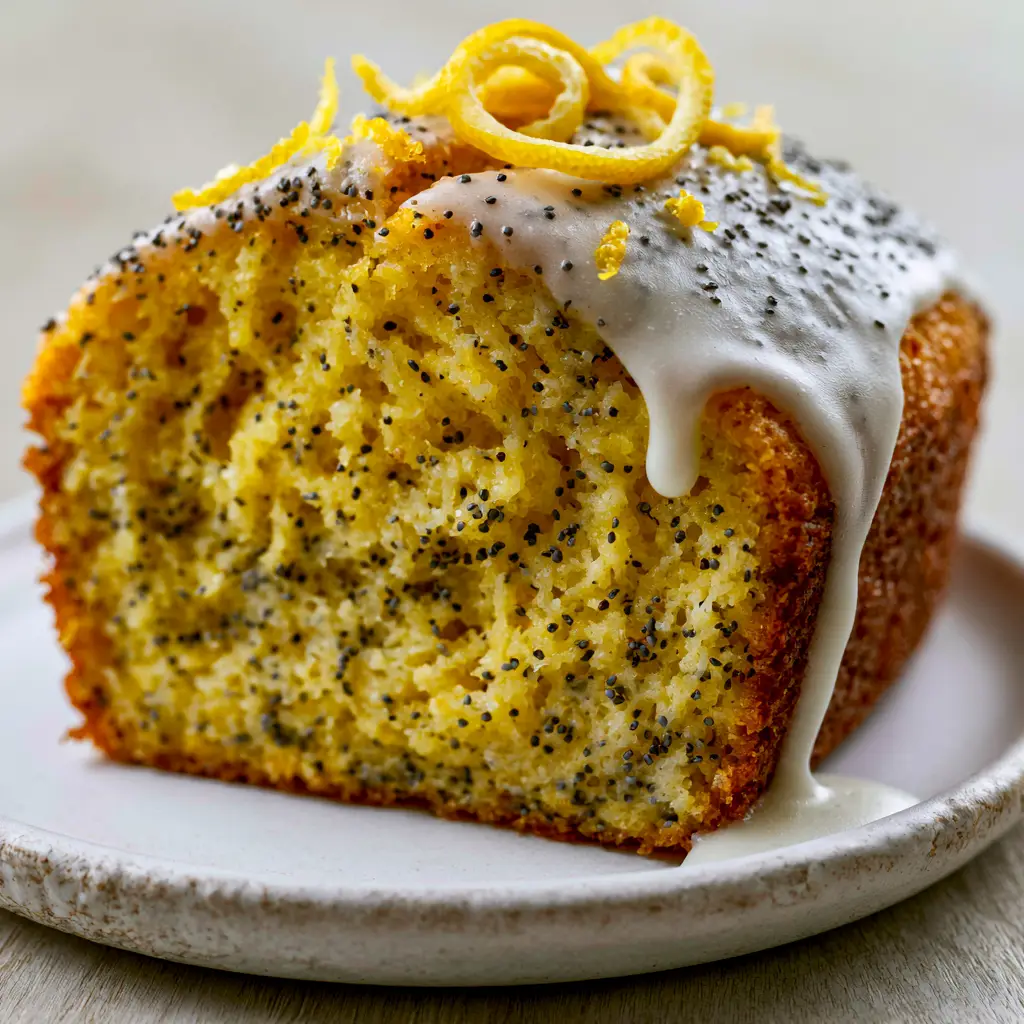 Extreme close-up of a moist lemon poppy seed bread slice showing the dense poppy seeds and sunny-yellow crumb. (lemon poppy seed bread)