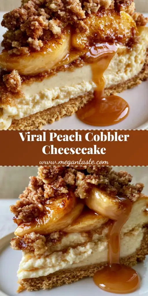 A close-up vertical shot of a slice of Peach Cobbler Cheesecake with golden cinnamon crumble and glistening peach slices.