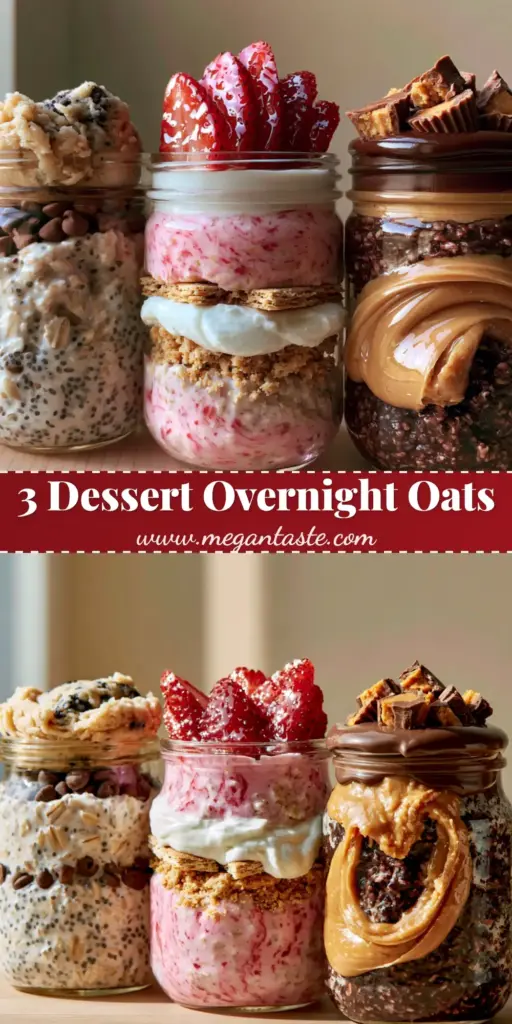 overnight oats recipes: 3 Gourmet Dessert-Inspired Jars 4 Three gourmet overnight oats recipes in glass jars: Cookie Dough, Strawberry Shortcake, and Chocolate Peanut Butter variations.