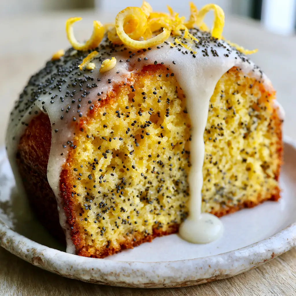 Close-up of a thick white lemon glaze dripping down the side of a lemon poppy seed bread slice with zest curls.