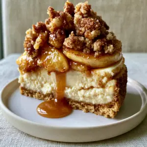 A single slice of Peach Cobbler Cheesecake on a ceramic plate, showing meticulous layers of vanilla bean cheesecake and spiced peaches.