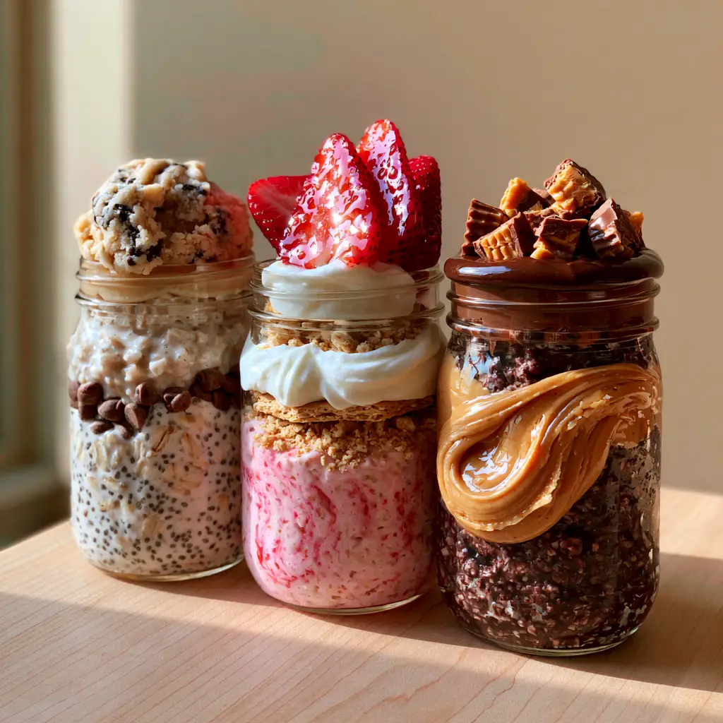 Side-by-side view of three premium glass jars showing layers of creamy oats, strawberries, and chocolate peanut butter. (overnight oats recipes)