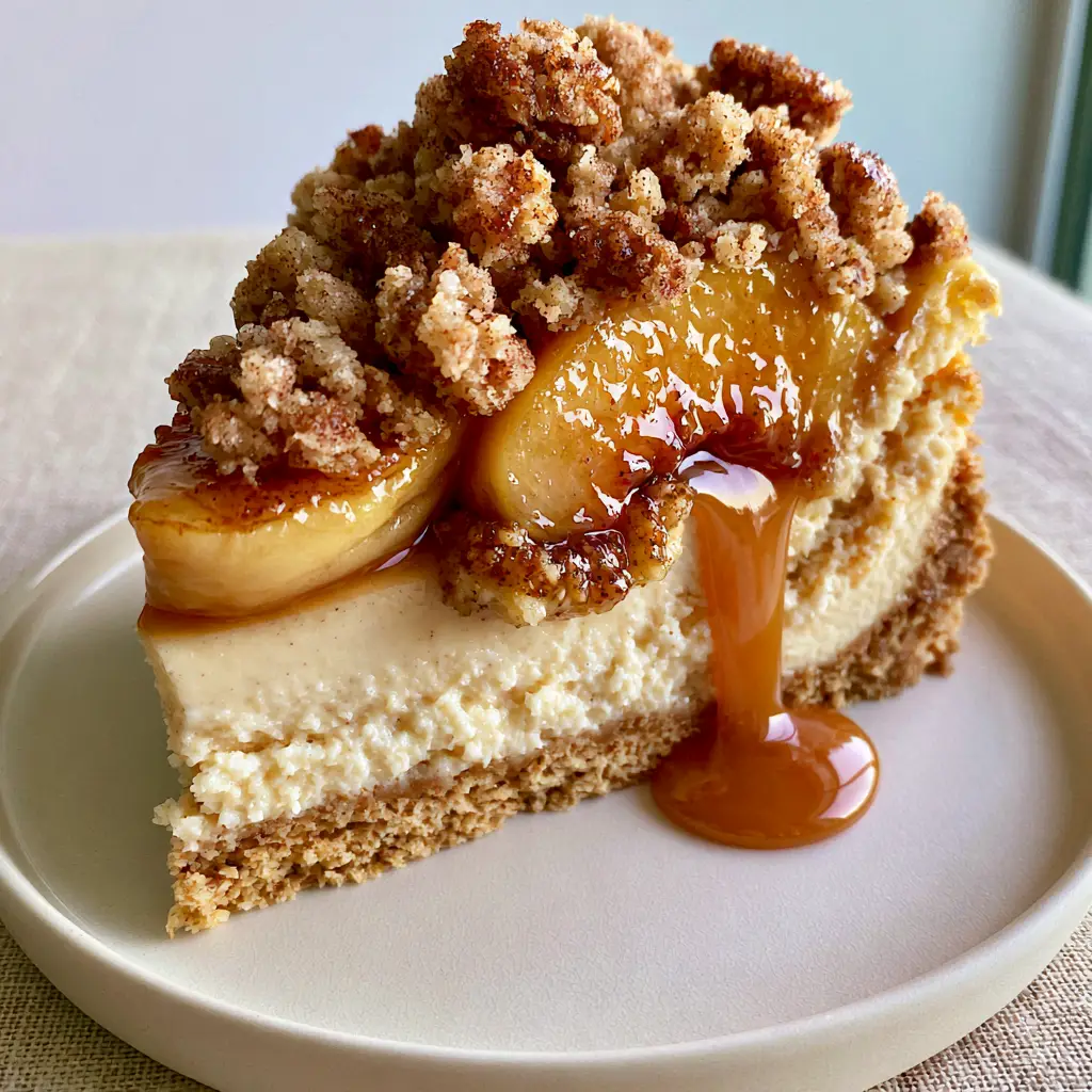 A high-angle smartphone photo of Peach Cobbler Cheesecake with thick amber syrup cascading down the side.