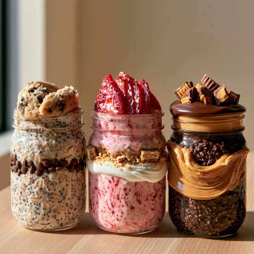 overnight oats recipes: 3 Gourmet Dessert-Inspired Jars 1 Close up of a chocolate ganache and peanut butter swirl overnight oats jar. (overnight oats recipes)
