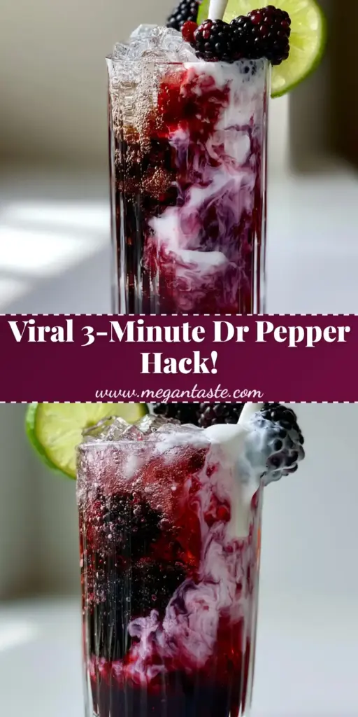 Midnight Malibu Dirty Soda: The Ultimate Blackberry Coconut Dr Pepper 3 A tall ribbed glass of Midnight Malibu Dirty Soda with dark Dr Pepper, purple blackberry syrup, and white coconut milk swirls garnished with lime and blackberries.