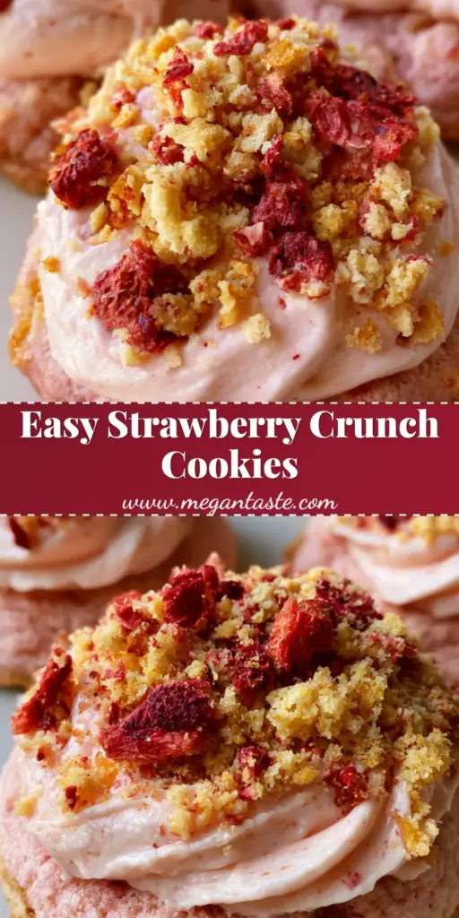 Strawberry Crunch Cookies: The Ultimate Soft & Chewy Recipe 3 Close-up of three thick Strawberry Crunch Cookies with pink frosting and golden crumbs on a neutral plate.
