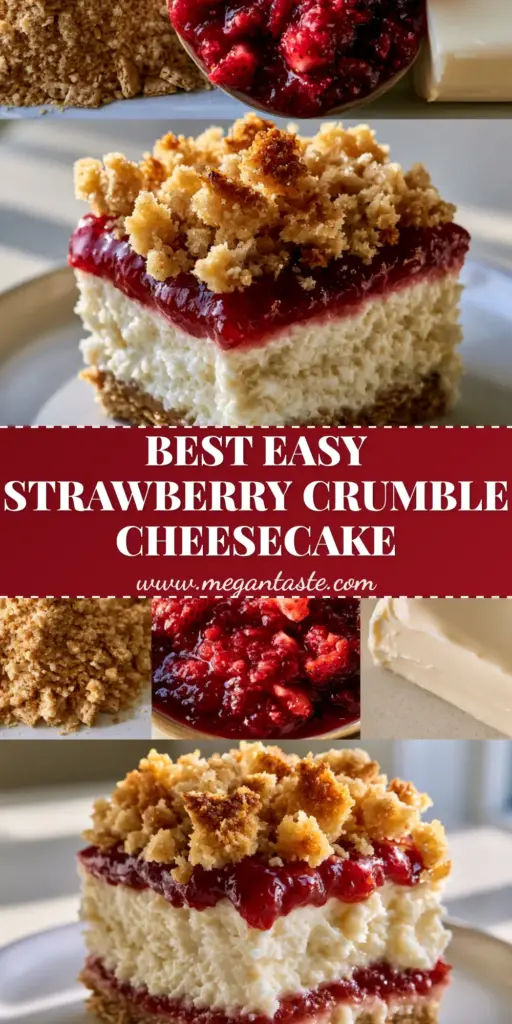 A vertical eye-level shot of a slice of Strawberry Crumble Cheesecake showing the compressed graham cracker crust, thick velvet vanilla layer, glossy red strawberry compote, and chunky golden streusel topping.