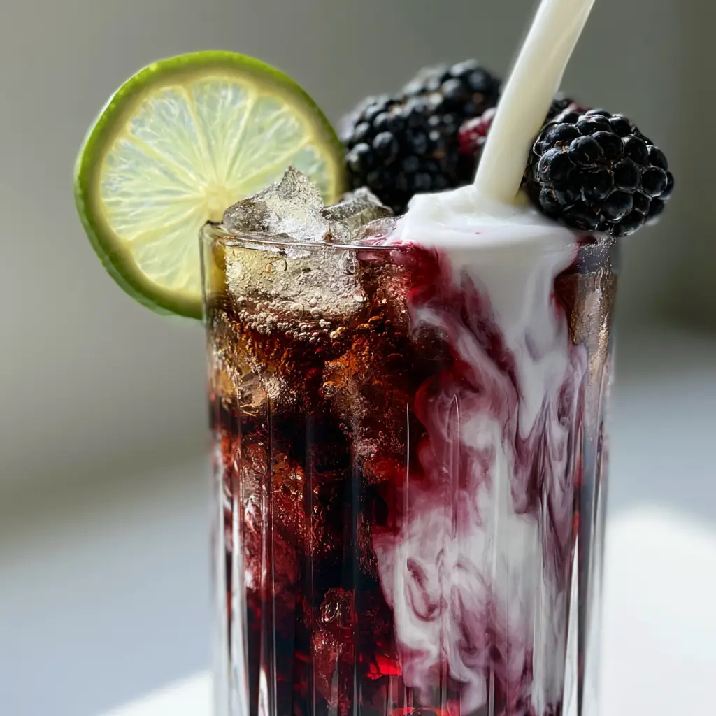 Handheld photo of Midnight Malibu Dirty Soda showing the fizzy texture and deep purple blackberry syrup layers.