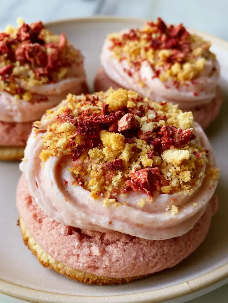 Strawberry Crunch Cookies: The Ultimate Soft & Chewy Recipe 2 A handheld smartphone photo showing the moist crumb and pillowy texture of a Strawberry Crunch Cookie.