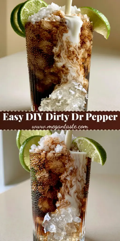 A handheld smartphone photo of a dirty Dr Pepper in a tall ribbed glass with swirling half-and-half cream, coconut syrup, pebble ice, and fresh lime wheels.