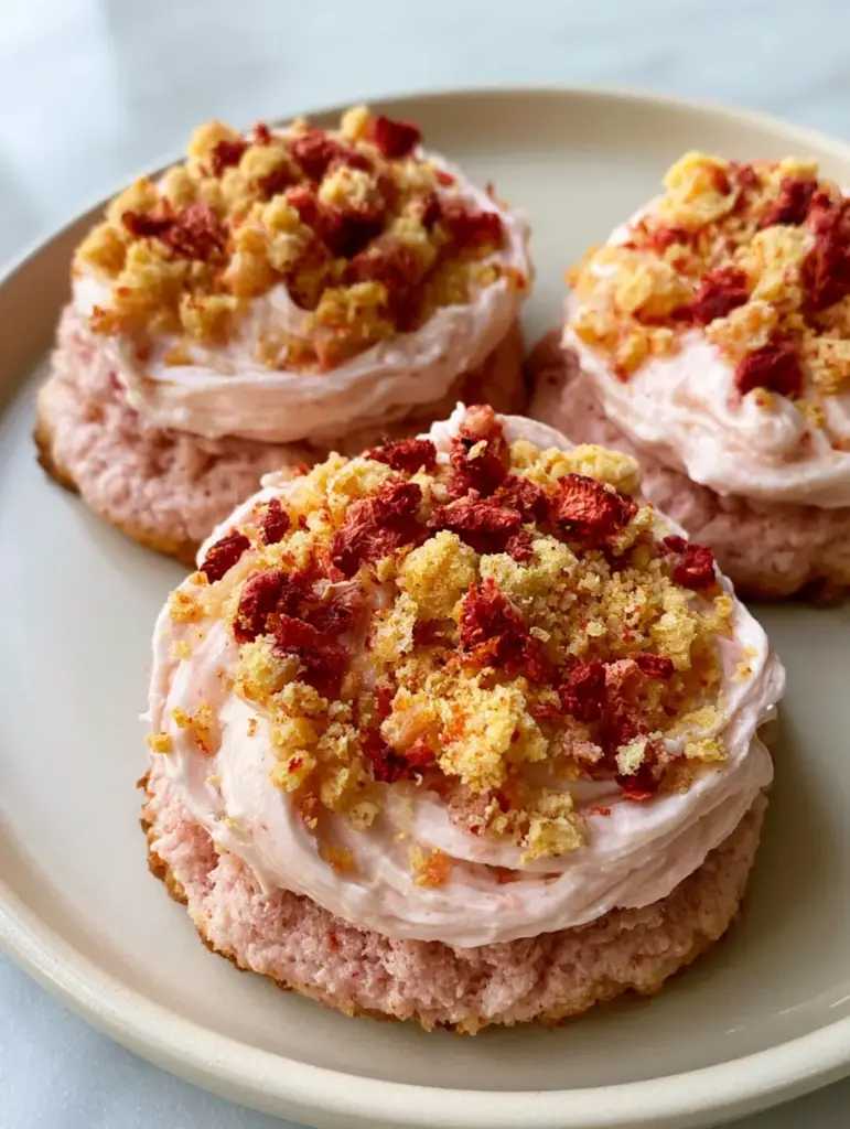 Strawberry Crunch Cookies: The Ultimate Soft & Chewy Recipe 1 Top view of Strawberry Crunch Cookies showcasing the golden-yellow biscuit crumbs and ruby-red dried strawberry pieces.