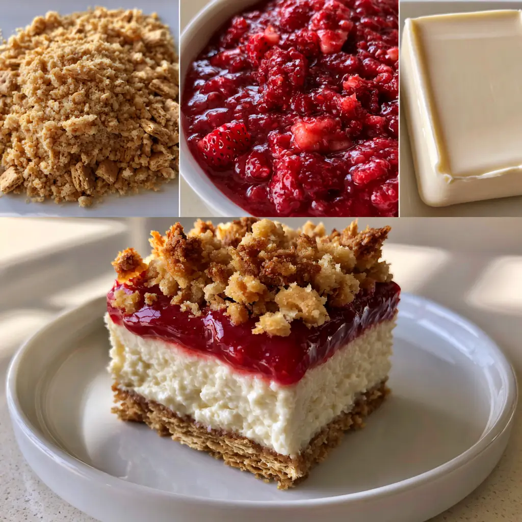 Macro shot of Strawberry Crumble Cheesecake showing the texture of the toasted golden streusel and glossy red fruit compote.