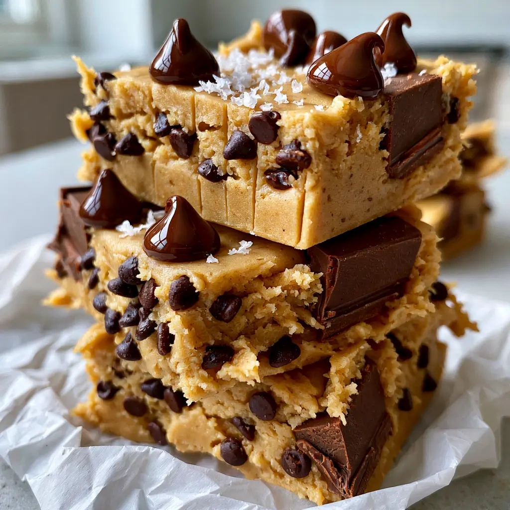 Top view of Cookie Dough Bars with extra glossy semi-sweet chocolate chunks and flaky Maldon sea salt.