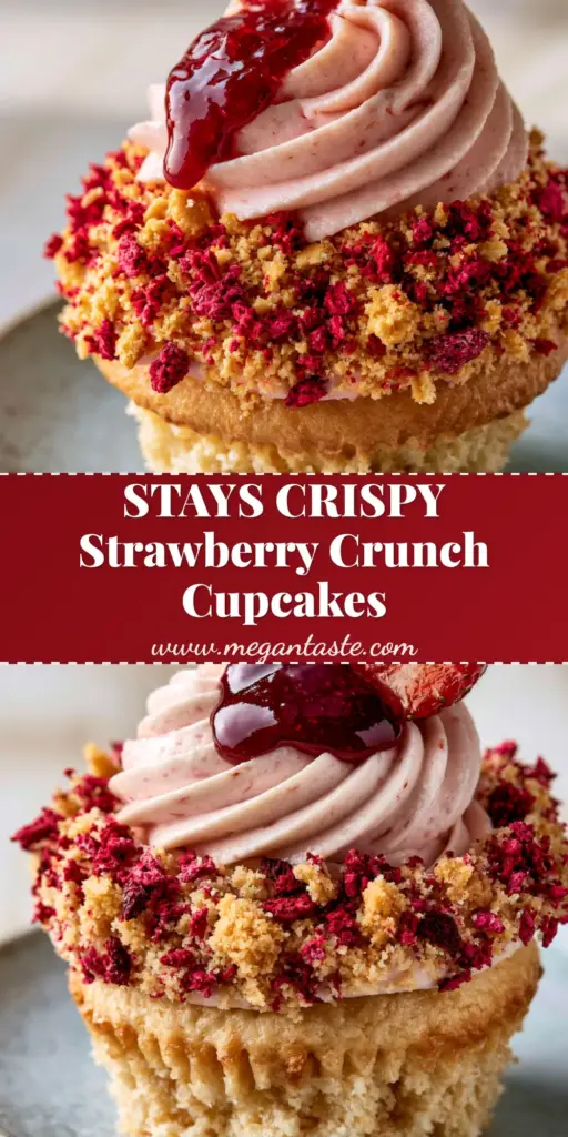 Strawberry Crunch Cupcakes with Glossy Strawberry Reduction 4 A handheld close-up of a gourmet strawberry crunch cupcake on a rustic plate, featuring a tall pale-pink buttercream swirl, dry strawberry-cookie crumble, and a glossy red drizzle.