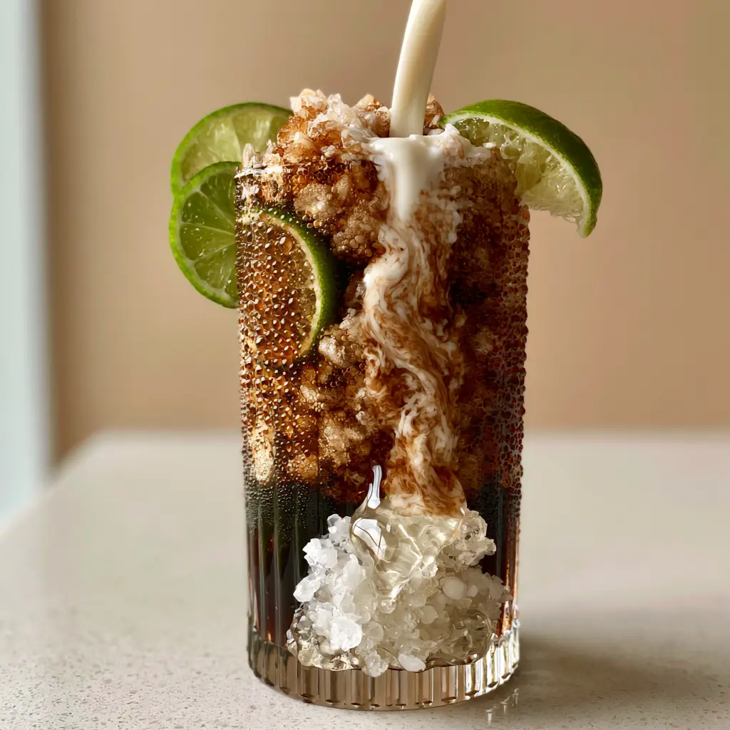 Close up of half-and-half cream marbling into dark fizzy dirty Dr Pepper over crushed ice.