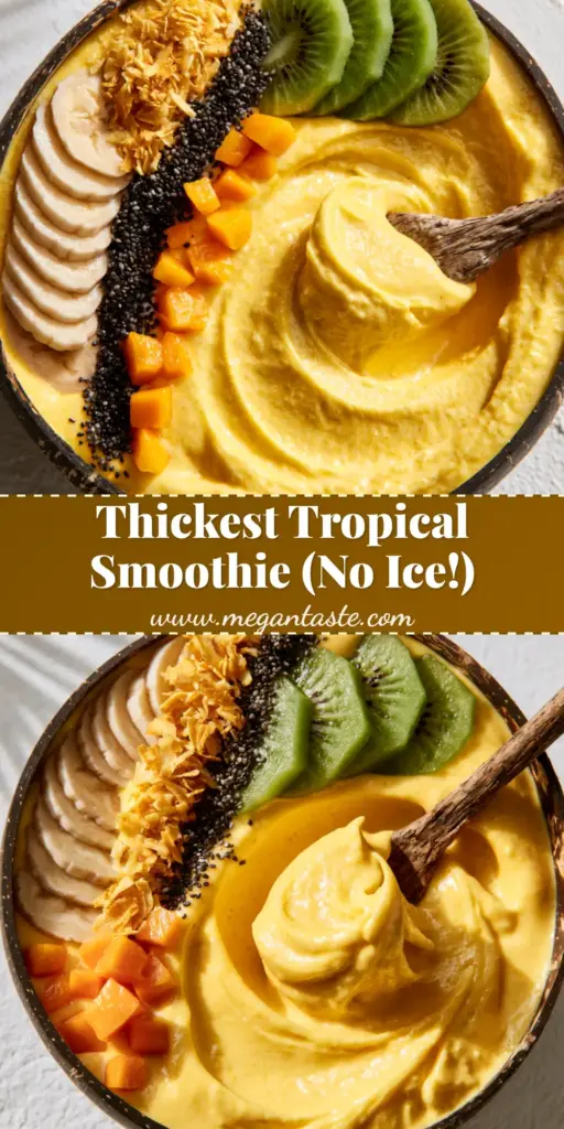 A close-up of a Tropical Paradise Smoothie bowl in a coconut shell featuring thick mango base, kiwi, and banana toppings.
