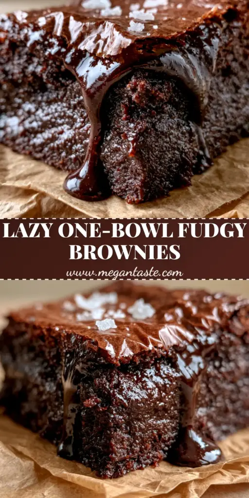 A thick-cut Fudgy Cocoa Brownie square with a shiny crinkle crust, dark chocolate sauce drizzle, and Maldon sea salt on parchment paper.