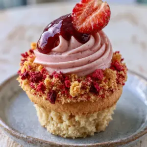 Detailed eye-level view of a strawberry crunch cupcake showing the textured golden cookie and red freeze-dried strawberry crunch fragments.