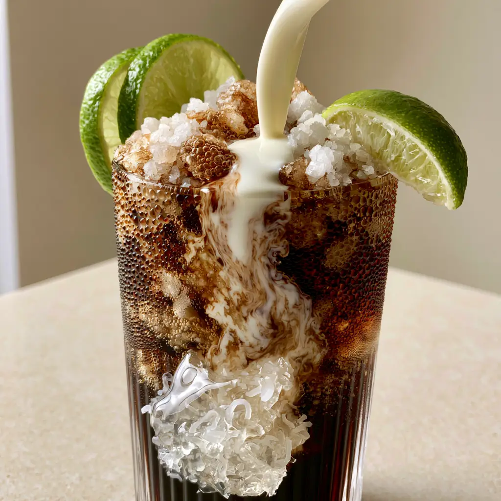 Dirty Dr Pepper garnished with fresh green lime wheels and a lime wedge on a neutral background.