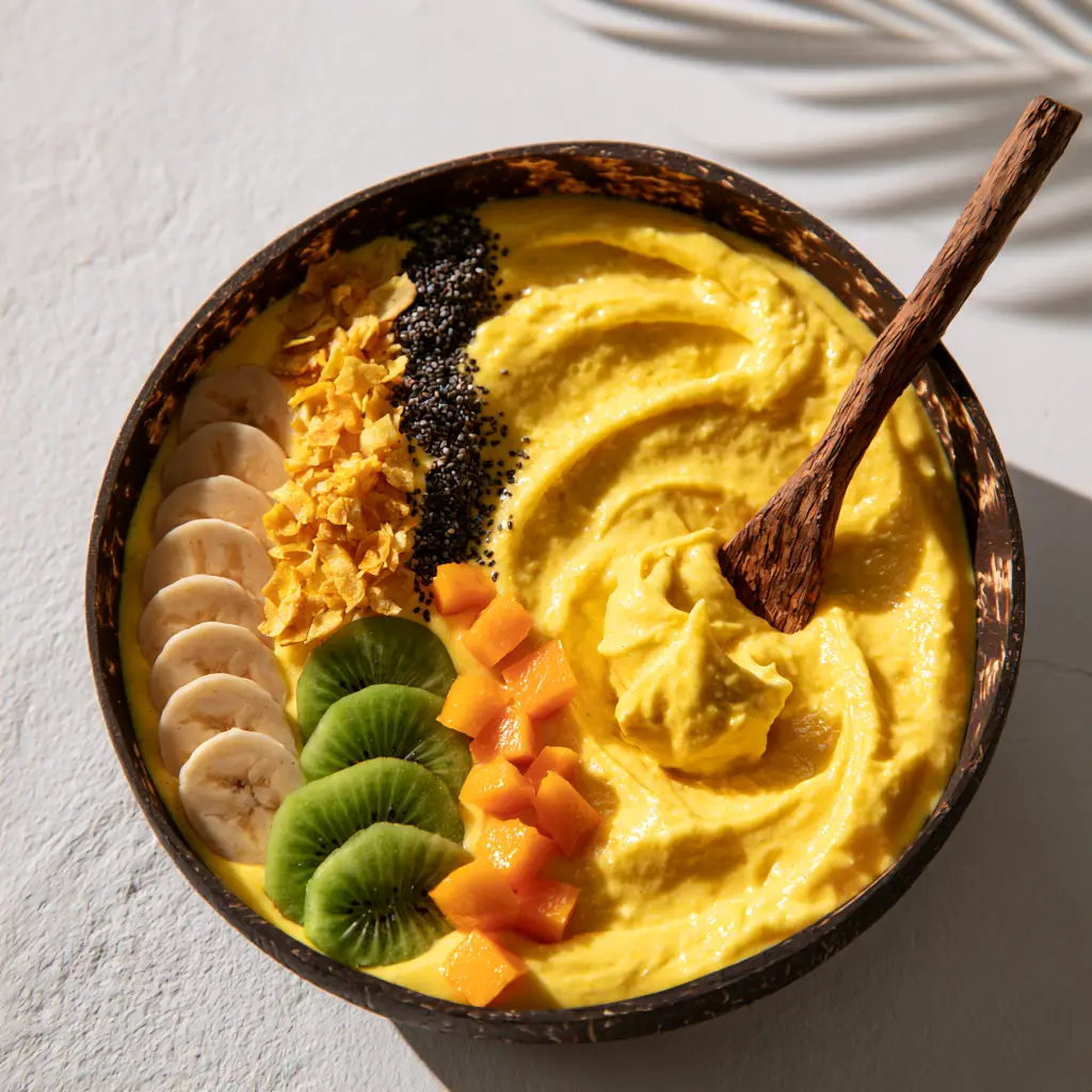 High-angle shot of a Tropical Paradise Smoothie showing the rich yellow-orange mango base and artful toppings.