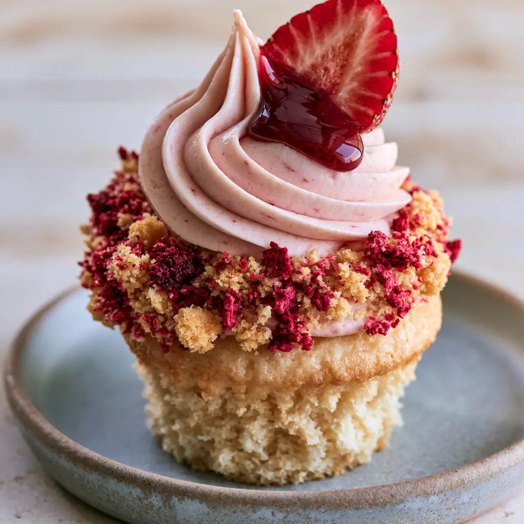 Strawberry Crunch Cupcakes with Glossy Strawberry Reduction 1 A close-up of a strawberry crunch cupcake with a glossy strawberry sauce drizzle glistening under natural light.