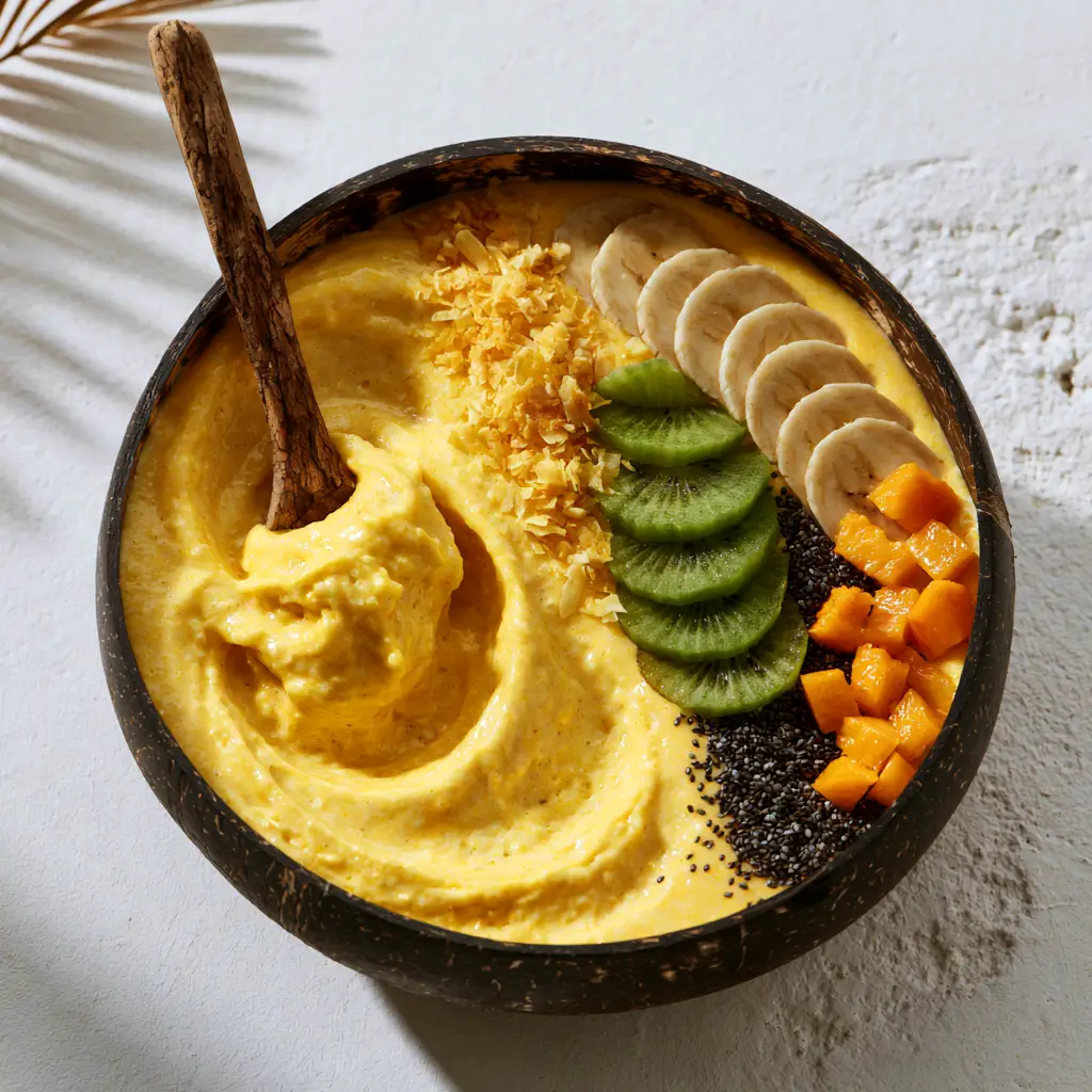 Close-up of a rustic wooden spoon lifting a velvety scoop of Tropical Paradise Smoothie.
