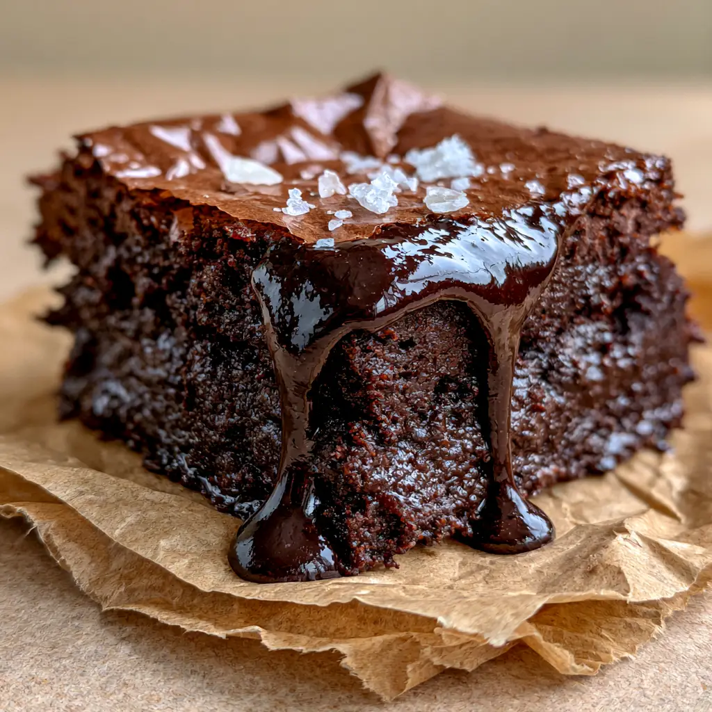 A freshly cut Fudgy Cocoa Brownie square on rustic brown parchment paper with chocolate sauce dripping down the side.