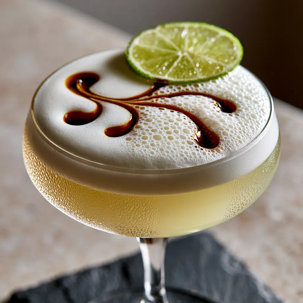 Tequila sour cocktail featuring a pale-yellow base and white egg-white foam garnish with lime.