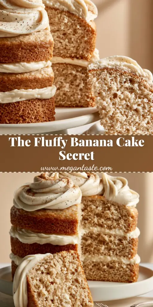 A three-layer banana layer cake on a modern ceramic stand with thick ivory cream cheese frosting swirls and a cinnamon dusting.