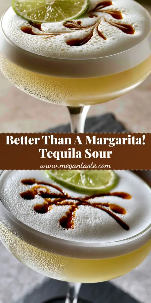 A close-up of a classic tequila sour with a thick velvety white foam and dark amber bitters swirls in a coupe glass.