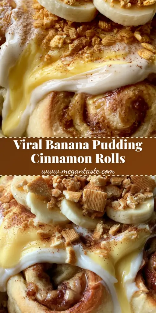 Banana Pudding Cinnamon Rolls: The Ultimate Gooey Dessert Mashup 4 A high-angle shot of golden-brown banana pudding cinnamon rolls topped with thick cream cheese icing, fresh banana slices, and crushed Nilla wafers in a rustic white dish.