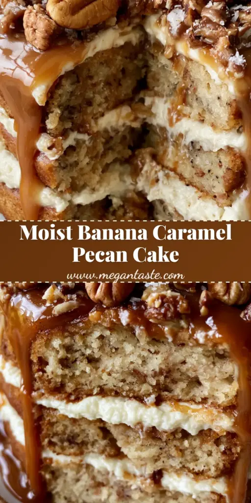 A towering three-tier Banana Pecan Caramel Layer Cake with thick amber salted caramel glaze dripping down ivory cream cheese frosting and topped with whole toasted pecans.