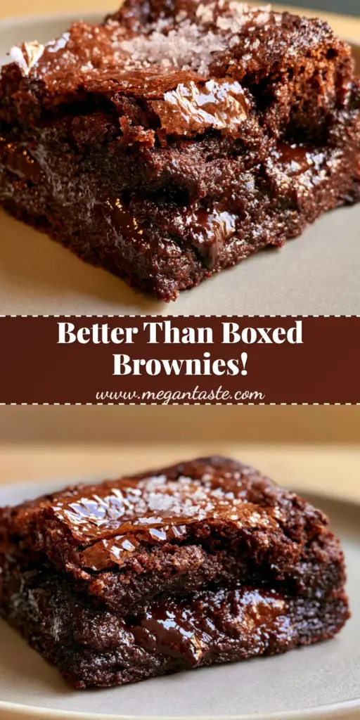 A stack of ultra-fudgy brownies with a paper-thin shiny crinkle crust and flaky sea salt on a matte ceramic plate. (best brownie recipe)